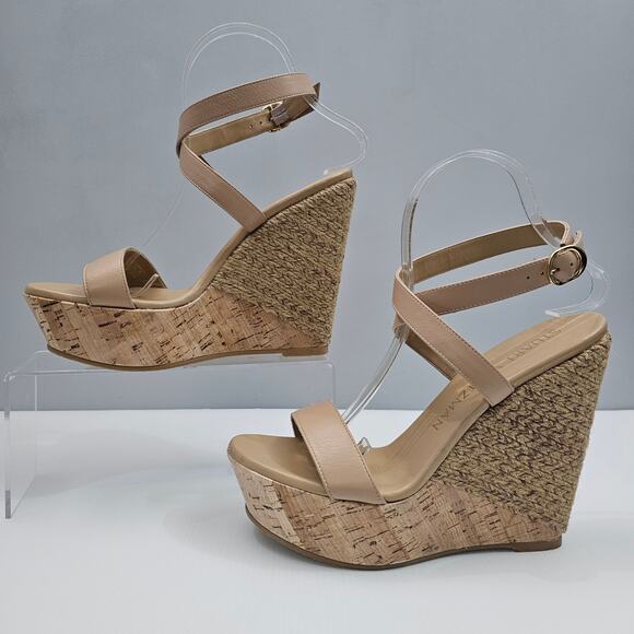 NEW Stuart Weitzman 5050 Wedge Womens 9 Tan Leather Raffia Cork Platform Heel - Picture 2 of 13